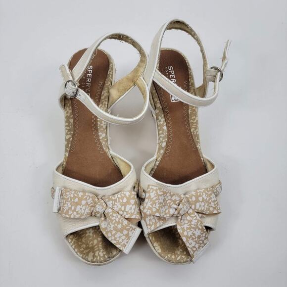 Sperry Floral Bow Tie Adjustable Strappy Wedges White Leather Size 7.5M - Picture 2 of 7